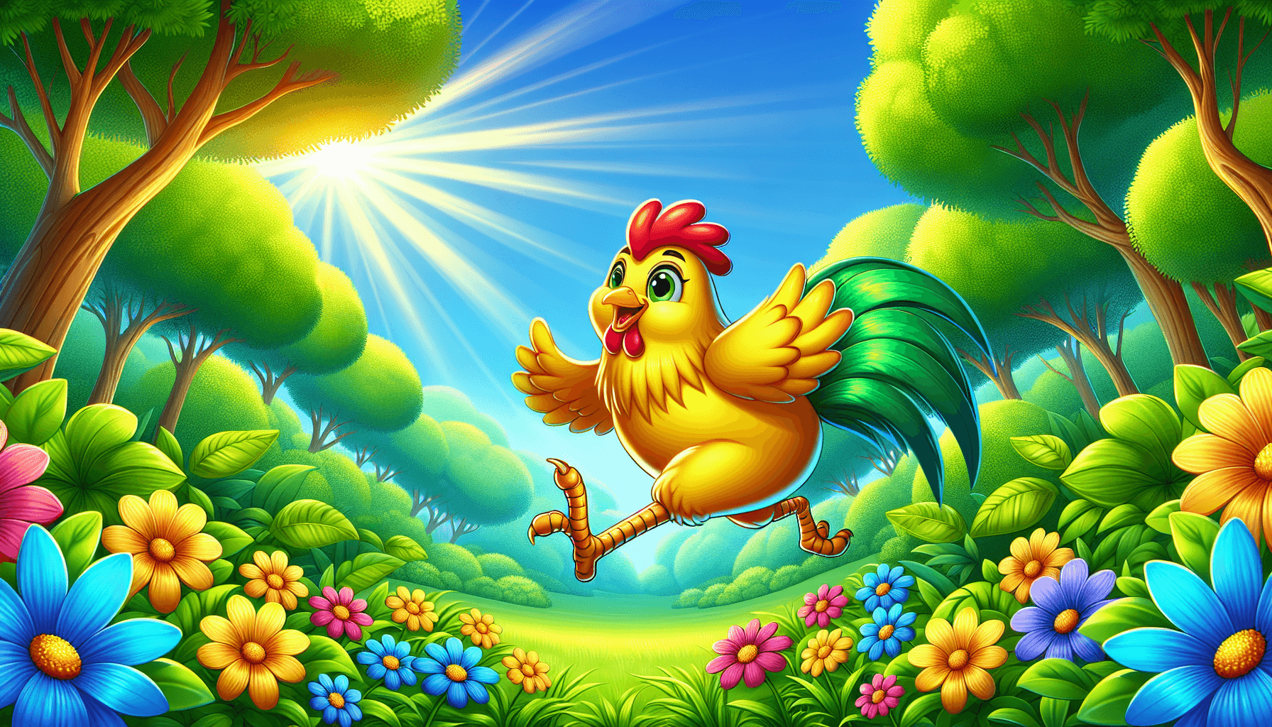 Cartoon chicken running in a forest